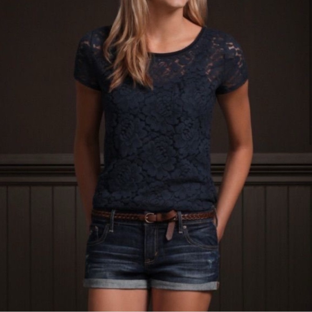 Hollister Navy Floral Lace Short Sleeve Tee